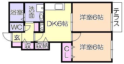 ヒルズ上弓削A(2DK/1階)の間取り写真