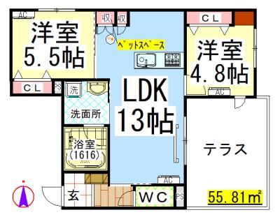 AF ペット共生・クレールメゾン凪(2LDK/1階)の間取り写真
