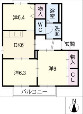 グランシャリオB棟(3DK/1階)の間取り写真