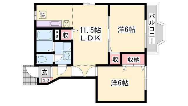 サン A棟(2LDK/1階)の間取り写真