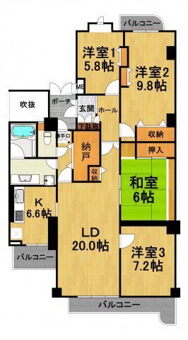 白鷹松下町マンション(4LDK/4階)の間取り写真