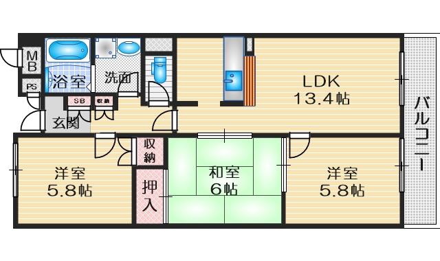 インペリアル南ヶ丘(3LDK/4階)の間取り写真