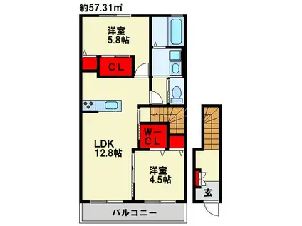 ノワールフェーブ A棟(2LDK/2階)の間取り写真