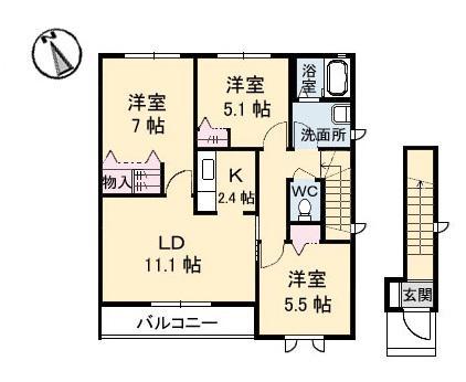 クレシェンドK(3LDK/2階)の間取り写真