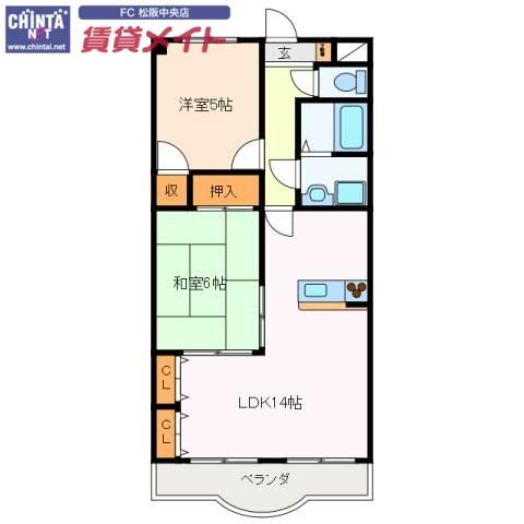 ルミエール三雲(2LDK/4階)の間取り写真