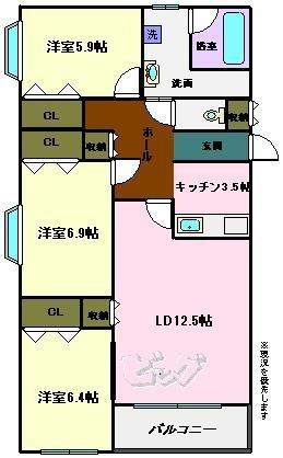 JR函館本線 滝川駅 徒歩10分 5階建 築22年(3LDK/4階)の間取り写真