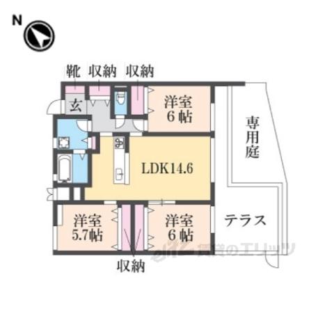 ガレリア香里ヶ丘レジデンス(3LDK/1階)の間取り写真