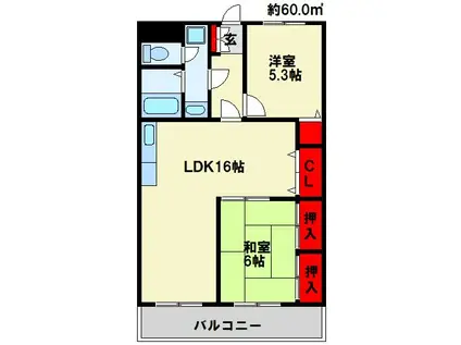 ラディア石田(2LDK/3階)の間取り写真