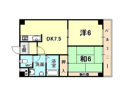 ヴィライーストサイド夙川(2DK/2階)の間取り写真