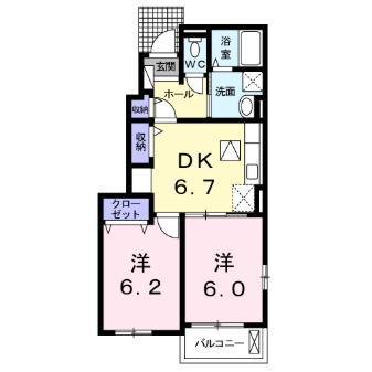 プラシードピアッツァ鹿屋(2DK/1階)の間取り写真