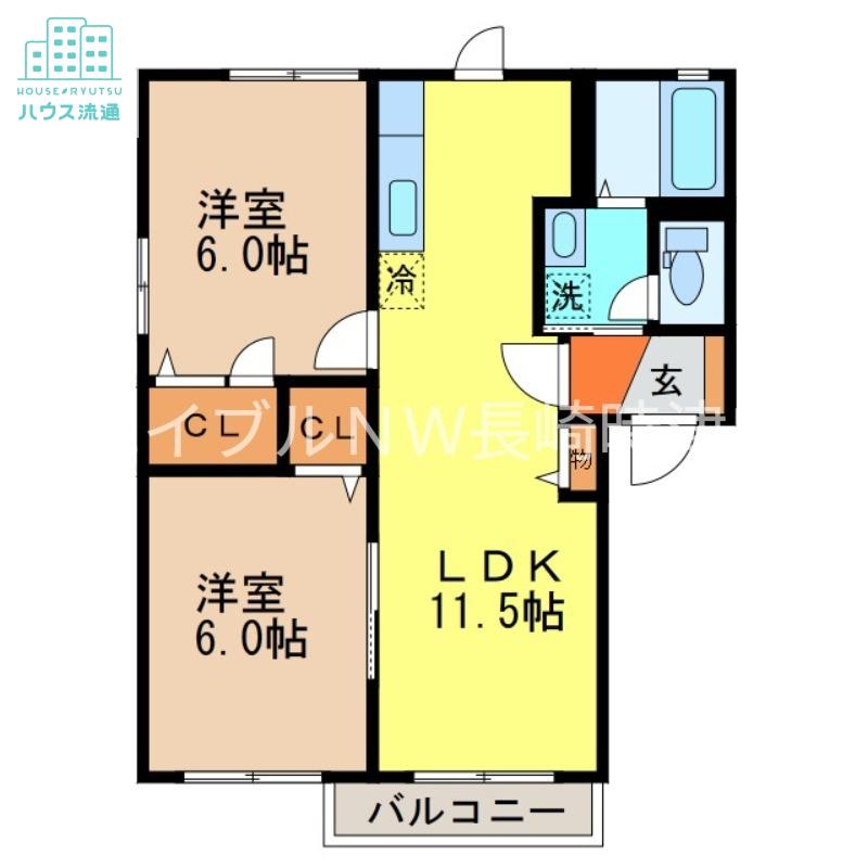 ディアスドミール A棟(2LDK/2階)の間取り写真