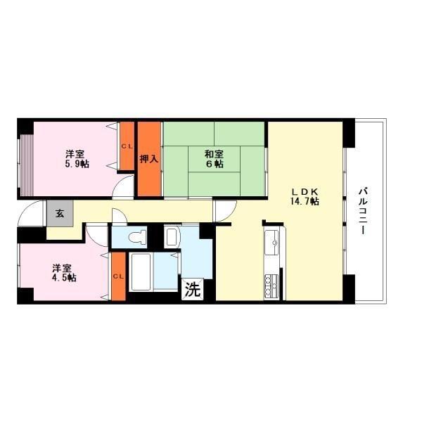 ベルヴィ草津(3LDK/8階)の間取り写真