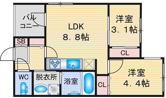 BLY鶴里(2LDK/3階)の間取り写真