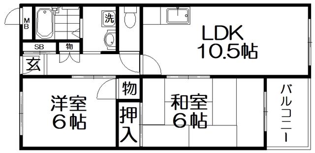 宮之阪ハイツ弐番館(2LDK/6階)の間取り写真