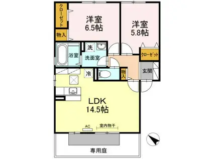 ヴァン・カルチェ B棟(2LDK/1階)の間取り写真