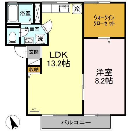 エバーグリーンB棟(1LDK/2階)の間取り写真