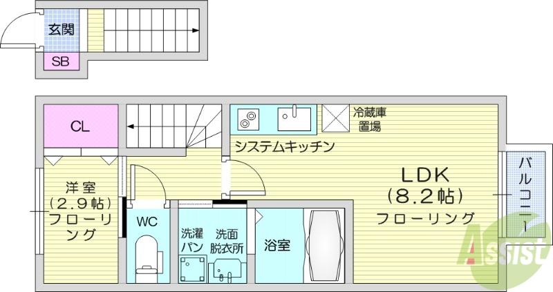 プレミアムホワイト(1LDK/2階)の間取り写真