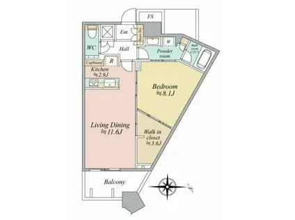 勝どき タワーマンション 高層階 眺望良好(1LDK/38階)の間取り写真