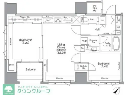 ザ・パークハビオSOHO横浜関内(2LDK/14階)の間取り写真