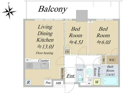 シティタワー八王子フレシア(2LDK/16階)の間取り写真