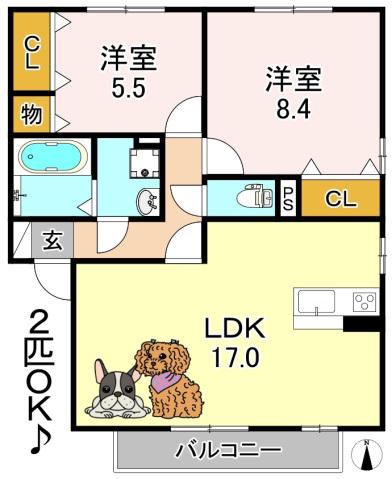 スカイフィールドB棟(2LDK/2階)の間取り写真