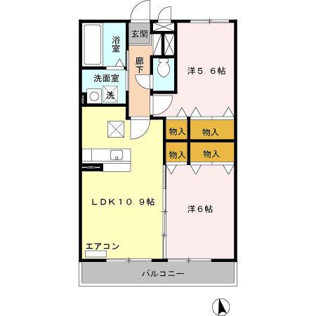 スカイヒル横濱六ツ川B棟(2LDK/2階)の間取り写真