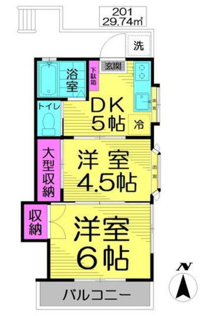小金井市桜町1丁目タツミハイツ 2974平米 2階室(2DK/2階)の間取り写真