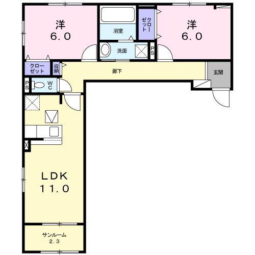 サンルーチェI(2LDK/1階)の間取り写真