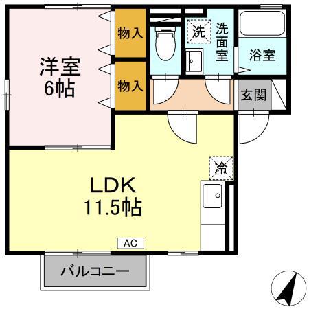 ドエル一丁山王B(1LDK/1階)の間取り写真