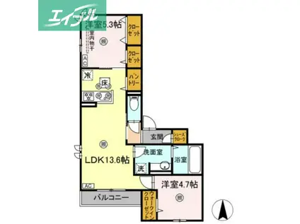 プレミール北長瀬(2LDK/1階)の間取り写真