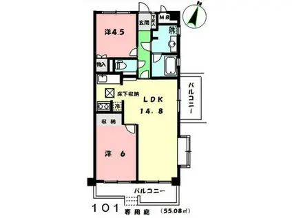 ライオンズマンション調布台三番館(2LDK/1階)の間取り写真