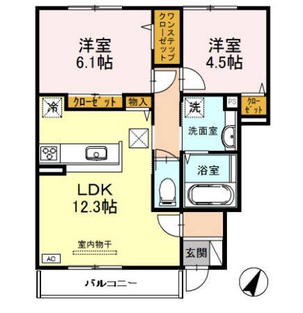 ロイヤルタウン篠山口 B棟(2LDK/1階)の間取り写真