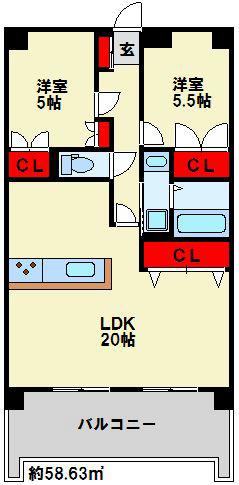 サンライフ小倉南(2LDK/8階)の間取り写真