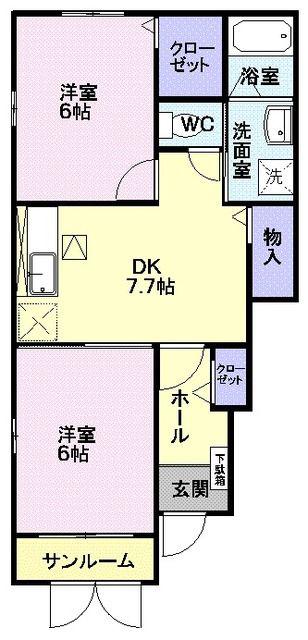 ウィスティリアパディ弐番館(2DK/1階)の間取り写真