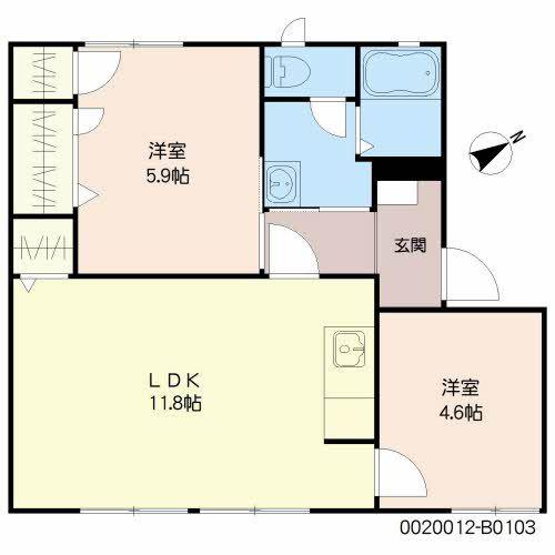 カレッジヒルズB棟(2LDK/1階)の間取り写真