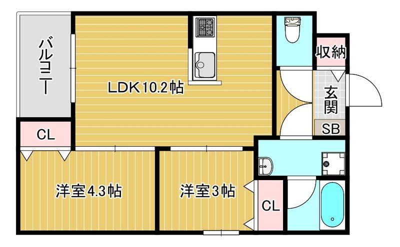 GLANZ 六ツ門(2LDK/2階)の間取り写真