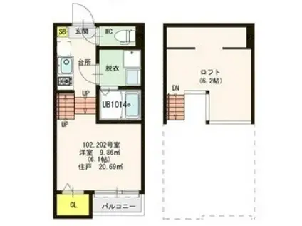 CASAII(1K/2階)の間取り写真