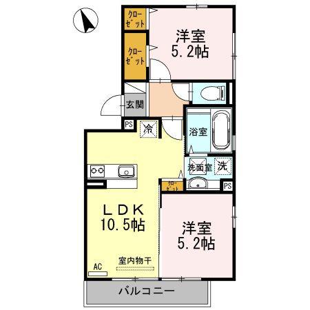 ウィルコート小郡三軒屋町 A棟(2LDK/1階)の間取り写真