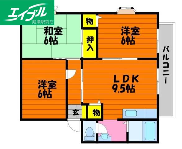 サンビレッジ安江B棟(3LDK/1階)の間取り写真