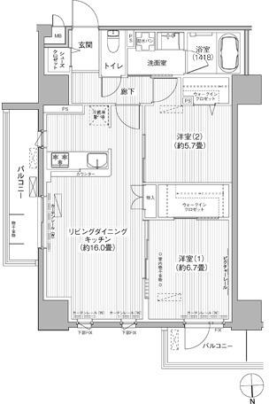 グランシャルール武蔵境(2LDK/4階)の間取り写真