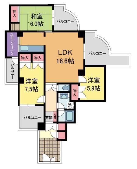 グランドゥール逆瀬川(3LDK/4階)の間取り写真