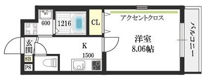 ウエスト COCOON ABENO(1K/4階)の間取り写真
