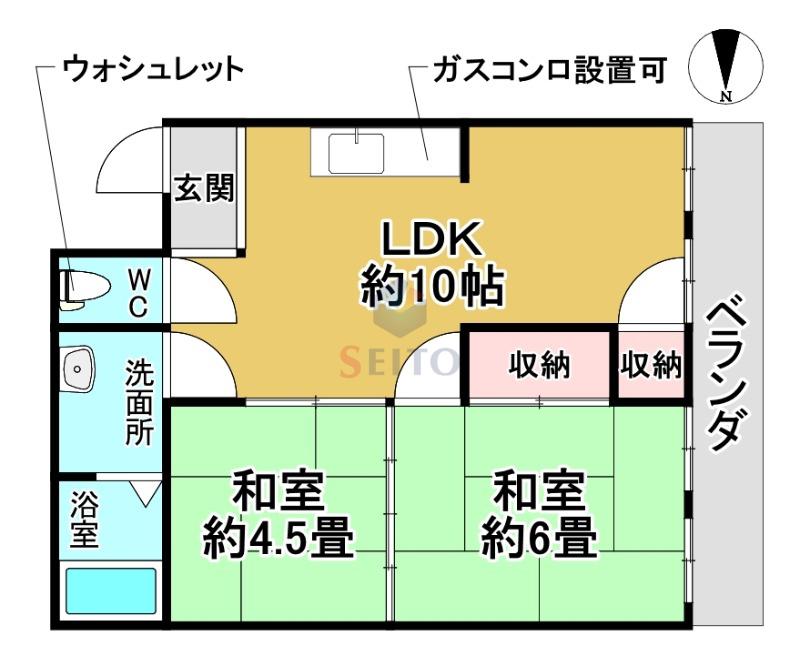 曽根南ハイツ(2LDK/2階)の間取り写真