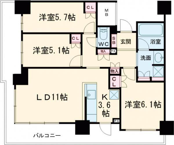 プラウドタワー神戸県庁前(3LDK/12階)の間取り写真