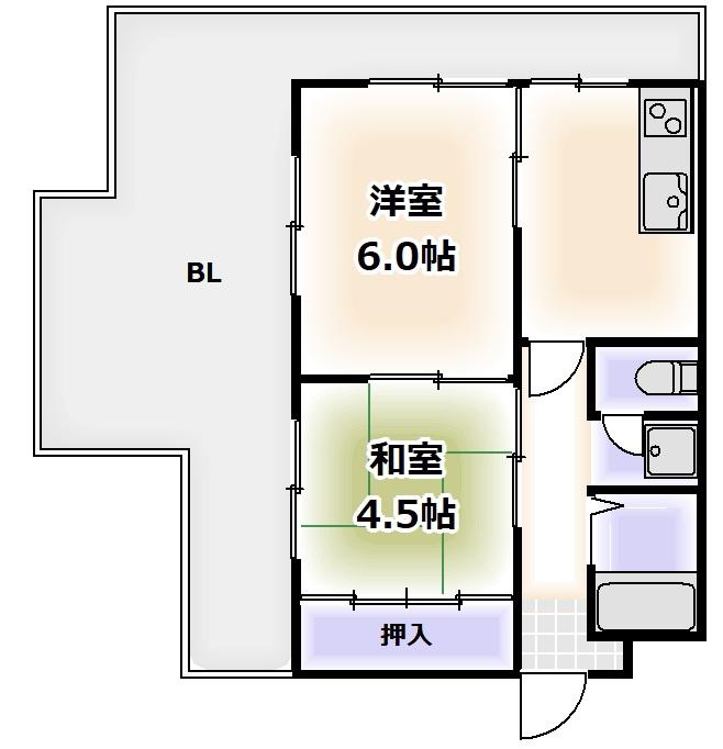 中道ハイツ(2DK/4階)の間取り写真