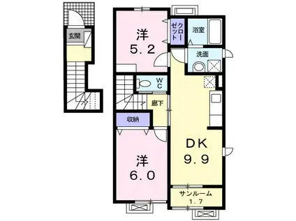 アルドーレ・ガンビーノII(2DK/2階)の間取り写真
