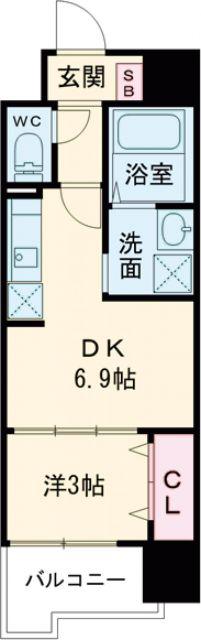 S-RESIDENCE六ツ門ABRイーストII(1DK/14階)の間取り写真