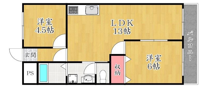 レオハイム木屋(2LDK/3階)の間取り写真