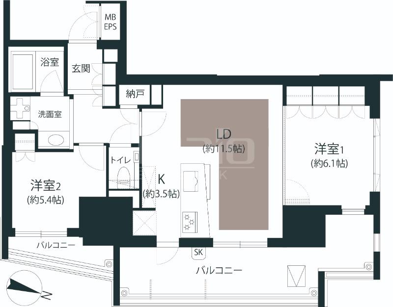プレミスト赤坂けやき通(2LDK/3階)の間取り写真