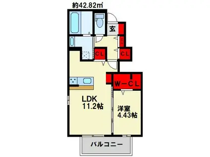 メルヴェーユ下城野II(1LDK/1階)の間取り写真